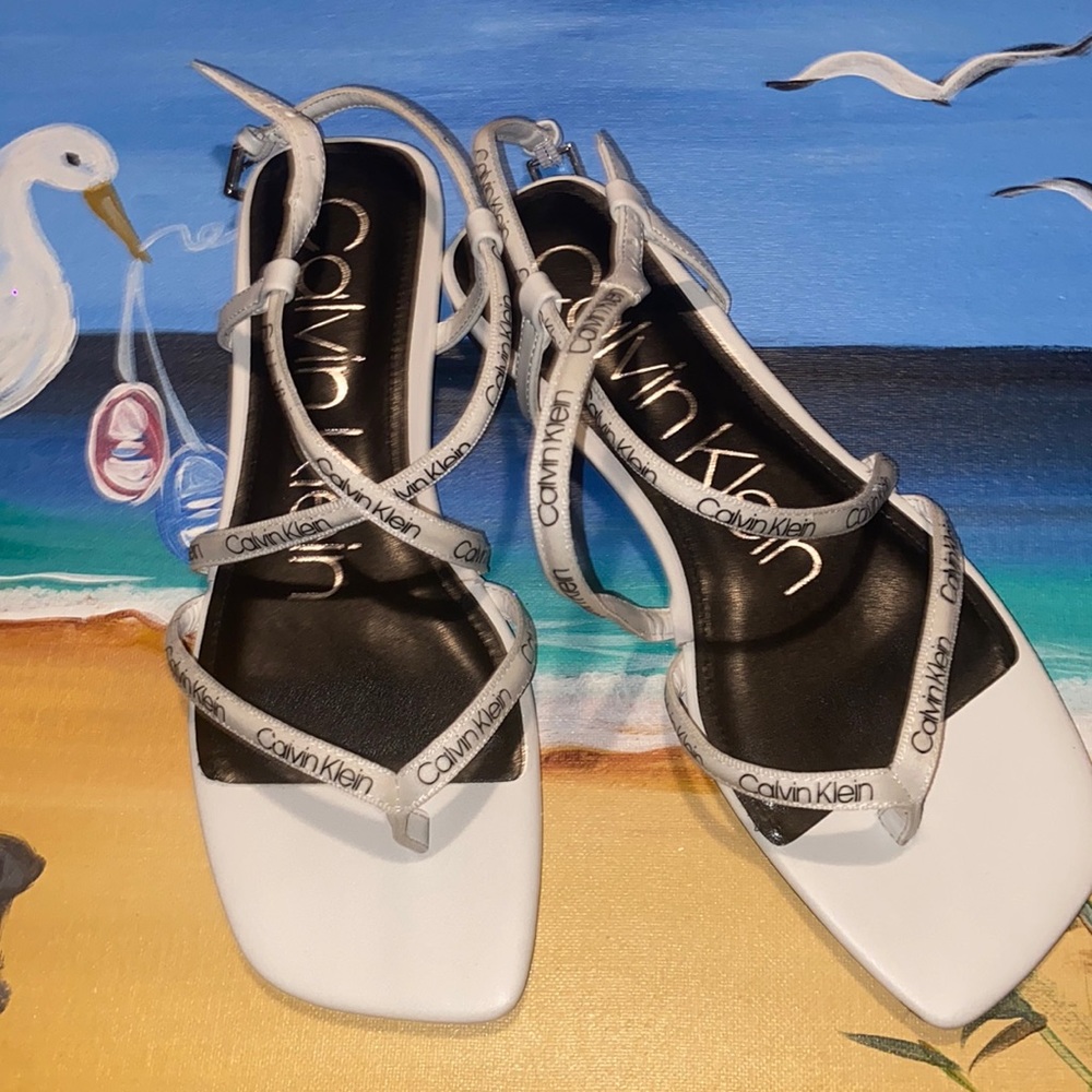 Calvin Klein logo Women's Myra Strappy Flat Sandals black and white